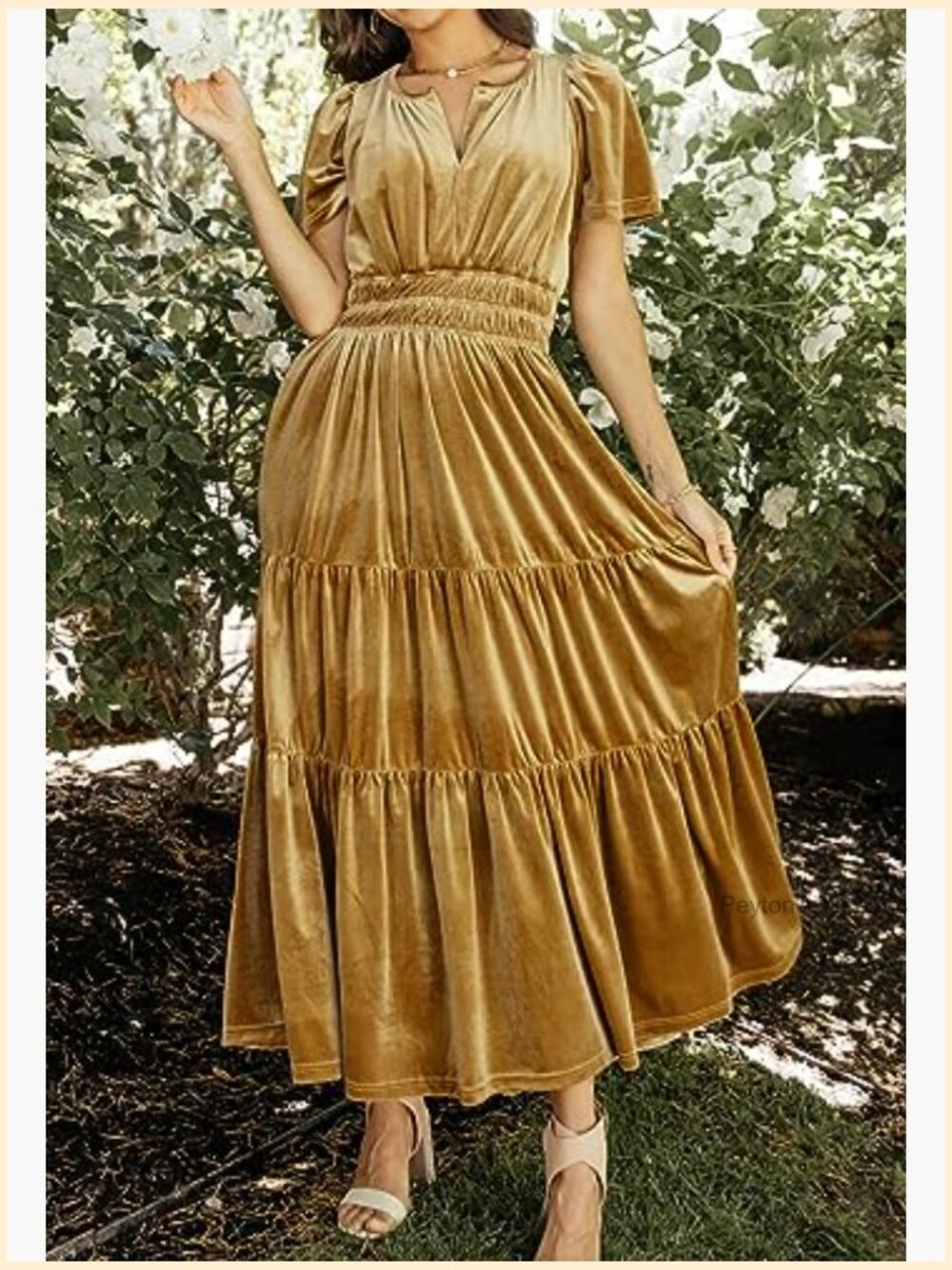 Velvet Short Sleeve V Neck Elastic Waist Tiered Ruffle A-Line Flowy Maxi Dress - Picture 2 of 7